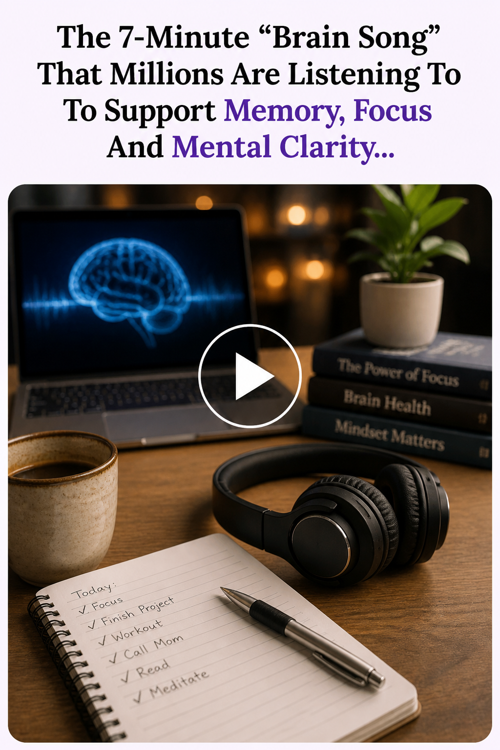 Curiosity image for The Brain Song showing headphones, workspace, and a subtle play-button style layout